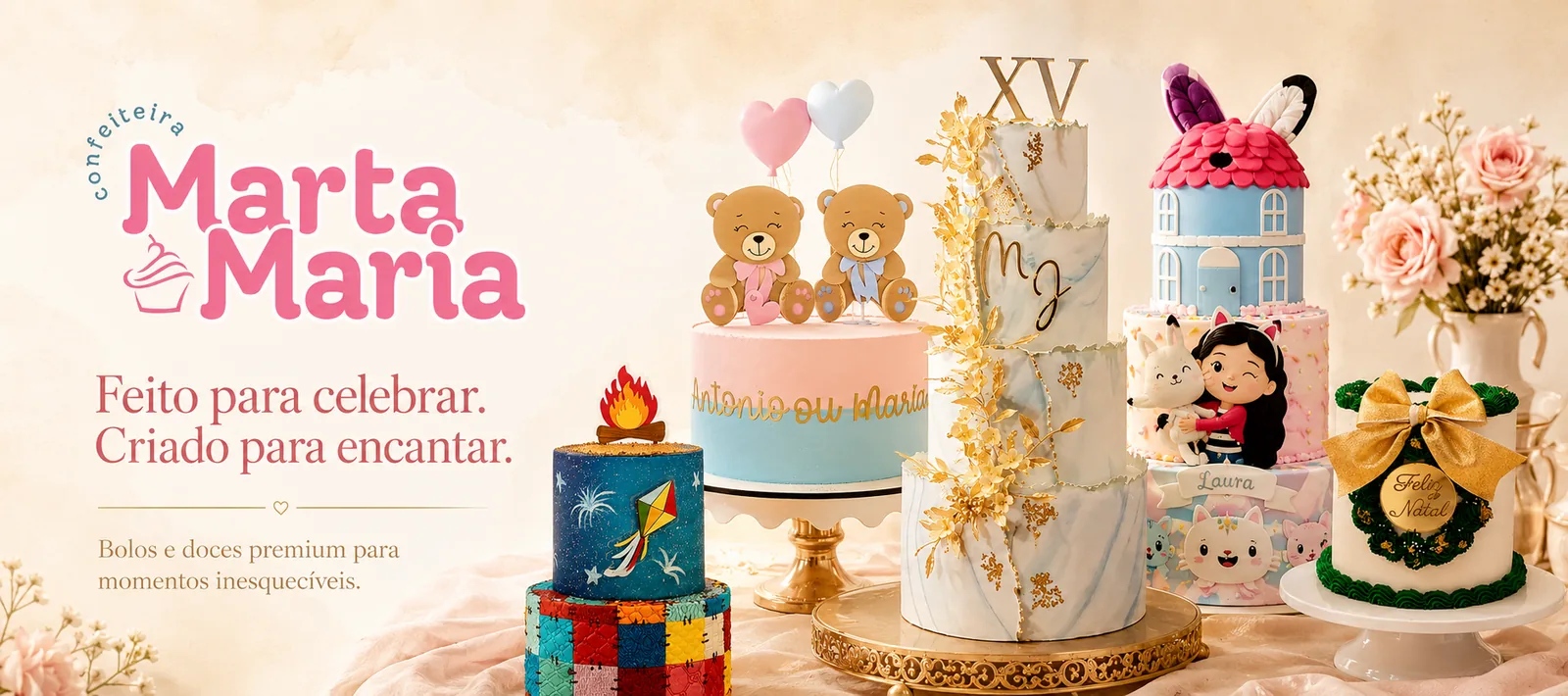 Banner da Marta Maria Confeiteira com bolos personalizados e o slogan Feito para celebrar, criado para encantar