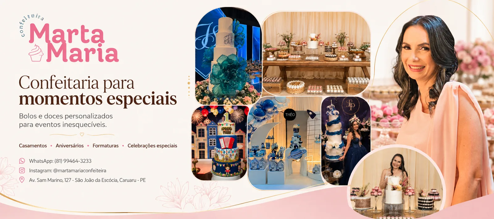 Banner Confeitaria para momentos especiais da Marta Maria em Caruaru, com fotos de bolos, mesas de doces e a confeiteira