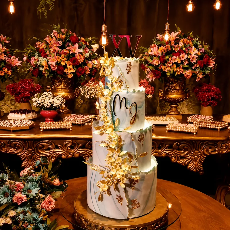 Bolo de 15 anos marmorizado com flores douradas e topo XV