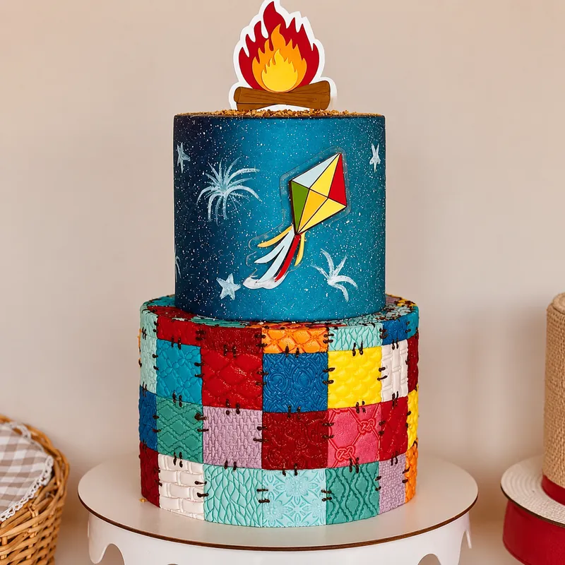 Bolo de São João com colcha de retalhos, pipa e fogueira